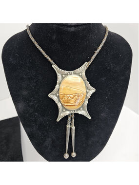 Vintage Navajo Sterling Silver Picture Jasper Bolo Tie Signed Southwestern 65.5g